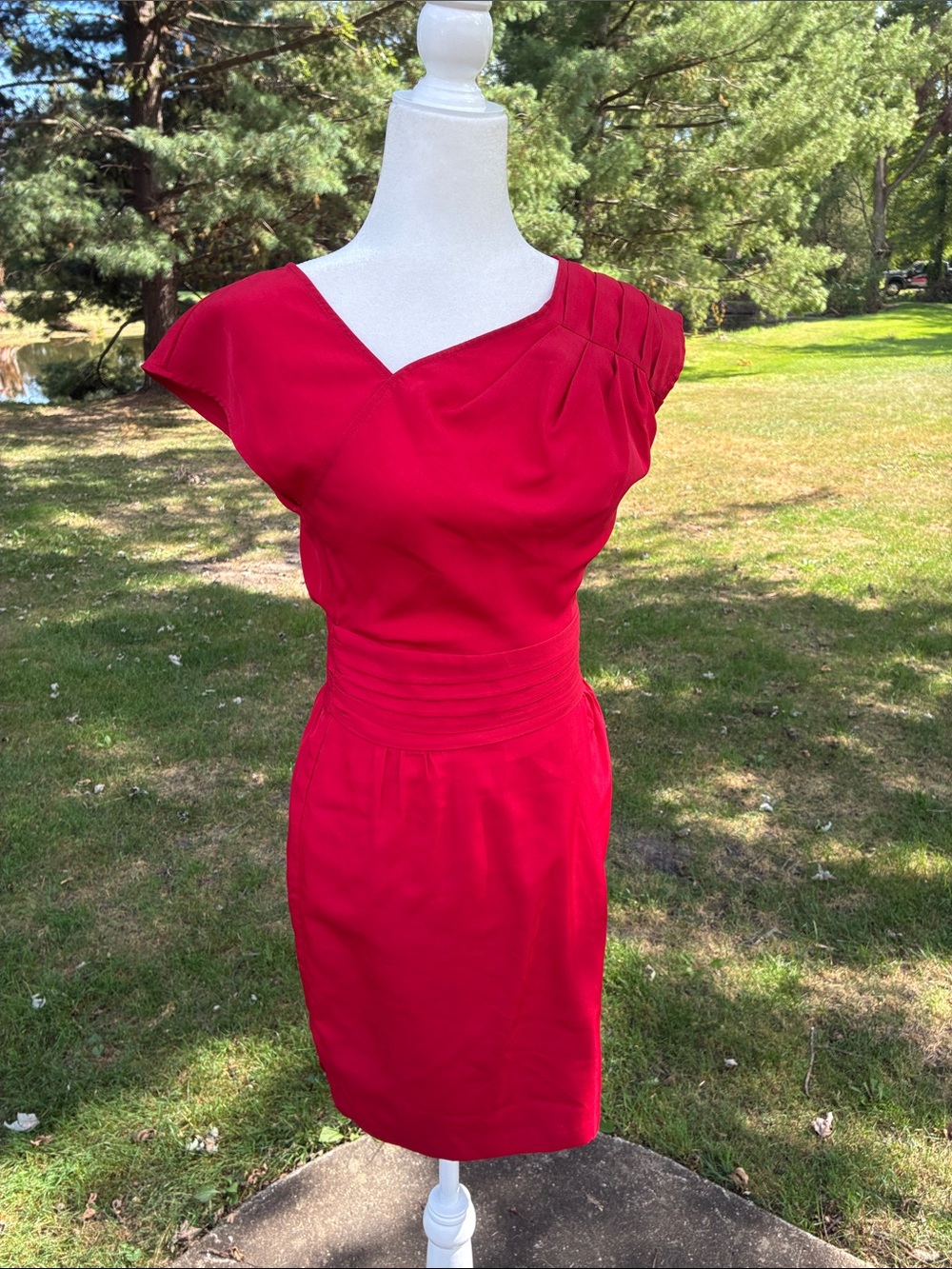 The Limited Bright Red Pleated-Shoulder Midi Sheath Dress